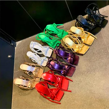 

Thin strap square toe sexy fashion lady high heels black white gold stiletto heel summer party sandals