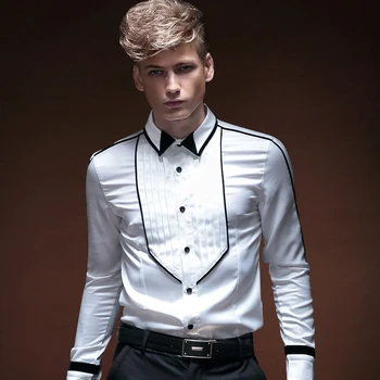 

2020 Men's Autumn Court Wind Stitching Pleated White Shirt Youth Fashion Geometric Pattern Slim-Fit Long-Sleeved Dress Shirt