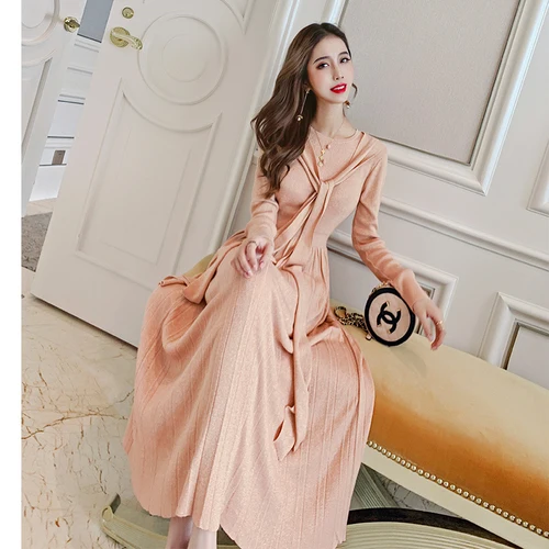 Champagne Pink KMETRAM осенне-зимнее вязаное платье, женское винтажное элегантное платье макси, женские платья, плиссированное платье с длинным рукавом, Vestidos L92261 - Цвет: Champagne Pink