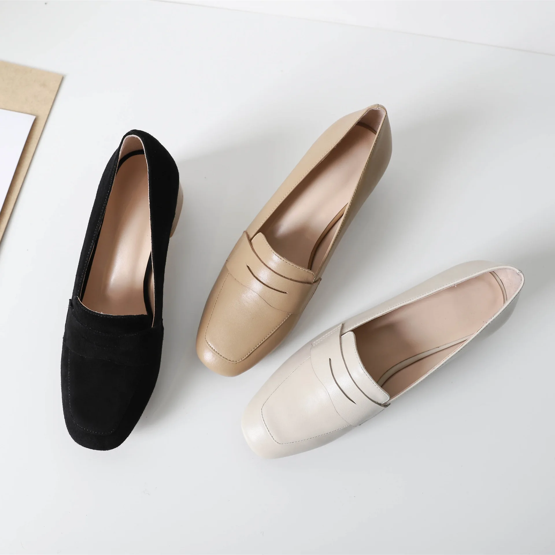 

2019 Spring New Style Chunky-Heel Semi-high Heeled Shoes Women's Korean-style England Genuine Leather Rubber Sole Low-Cut Versat