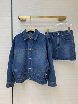 online Conjuntos Novo 2020 Outono Mulheres Moda De Alta Qualidade Denim Casaco E Saia Conjunto