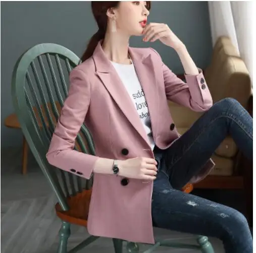 Pink Plaid Blazer Bouble однобортный Однотонный женский блейзер с карманами Женское пальто Модные Пиджаки Верхняя одежда Высокое качество куртки 5XL - Цвет: Pink Plaid Blazer