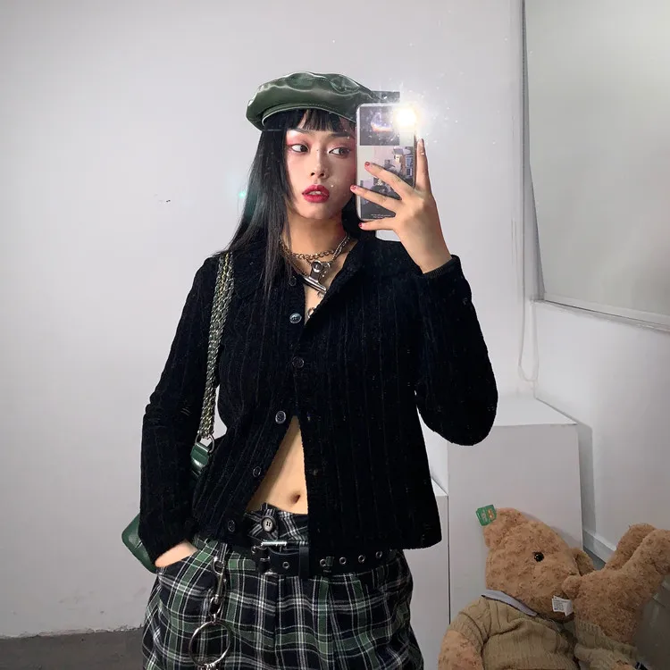 Осень панк каваи короткий pull femme sweter черные вертикальные полосы Turn-Down Воротник укороченный свитер женский синель вязаный кардиган