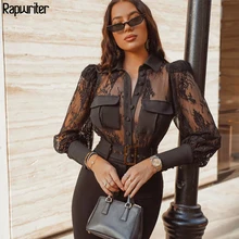 Rapwriter Sexy Transparent Lace Patchwork Turn Down Neck Black Shirt Blouse Women Stylish Long Sleeve Mesh Tops Button Femme Rapwriter Sexy Transparent Lace Patchwork Turn Down Neck Black Shirt Blouse Women Stylish Long Sleeve Mesh Tops Button Femme