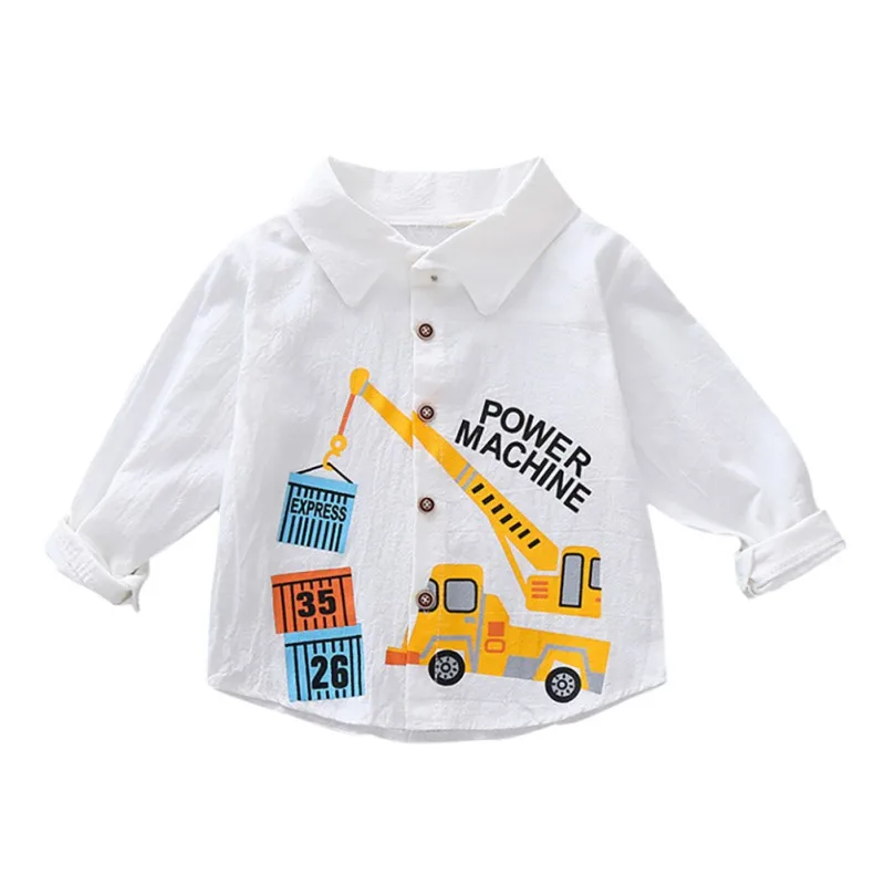 Демисезонный для младенцев, для маленьких мальчиков хлопковая футболка с длинными рукавами блузки Повседневное с автомобилем из мультфильма; с принтом удобные, однотонного цвета, новая блузка - Цвет: Белый