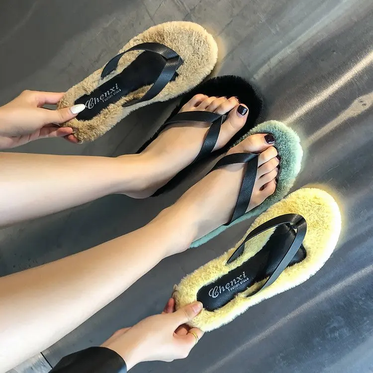 Classics Winter Women Fur Flip Flops Outside Flat Open Toe Women Shoes Solid Casual Faux Fur Slippers