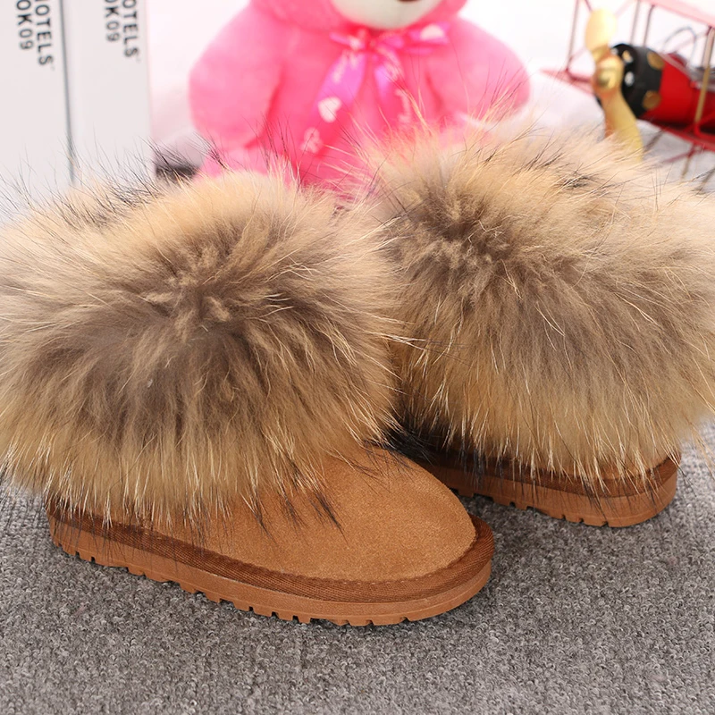 couro genuíno crianças sapatos crianças botas de neve natural grande pele de raposa inverno frio meninos meninas botas quentes do bebê