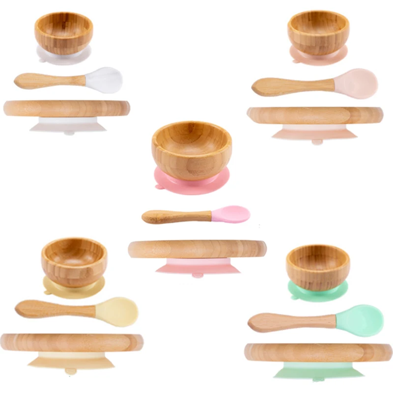 3 unids/set alimentación de bebé de la placa de la cena de alimentación vajilla con silicona succión Copa cuchara de madera de los niños de mercancías
