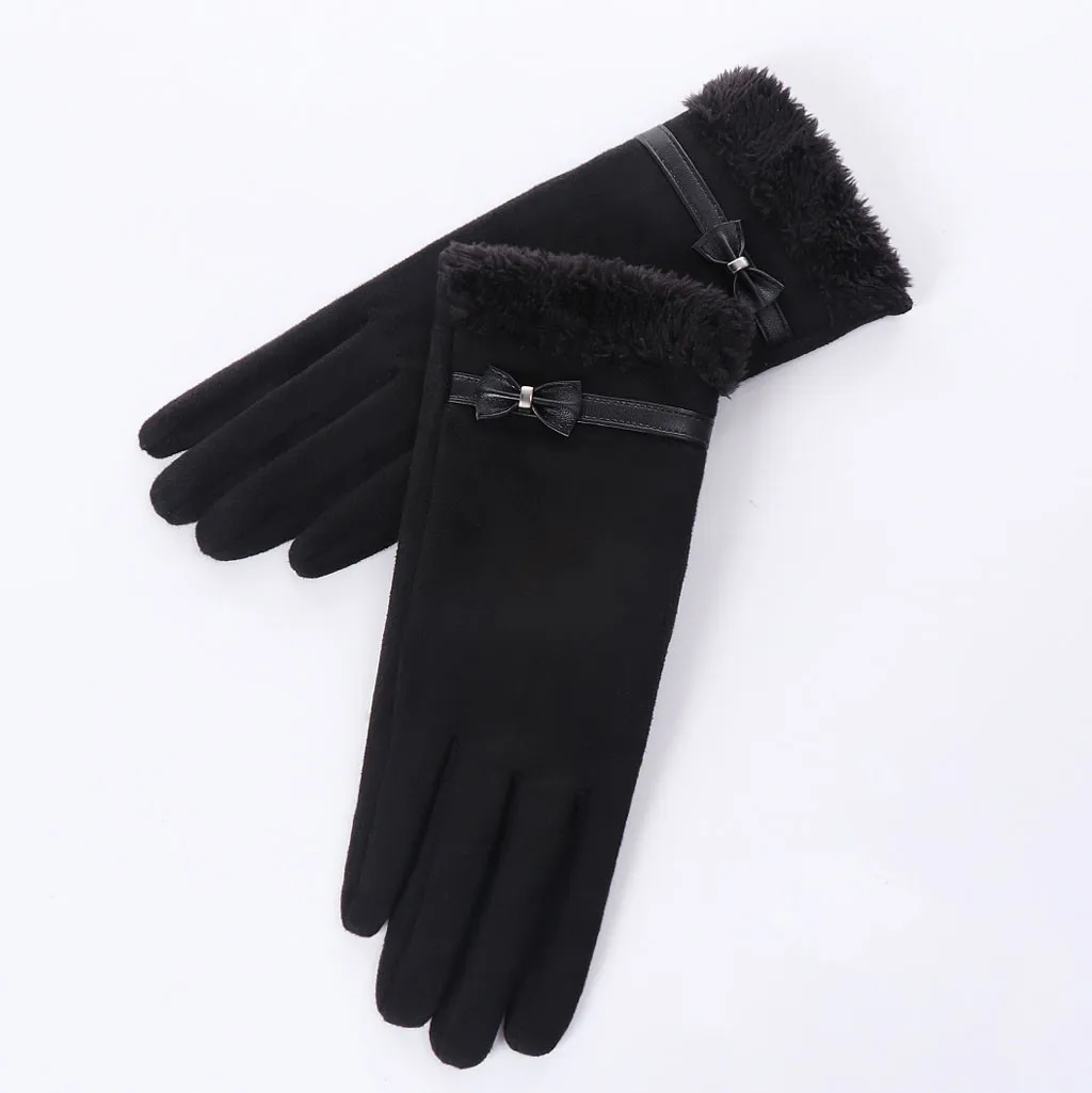 Black elegant Bow leather Pearl gloves full Finger Outdoor Women Thicken Winter mittens Warm Bowknot Thermal Fleece Gloves