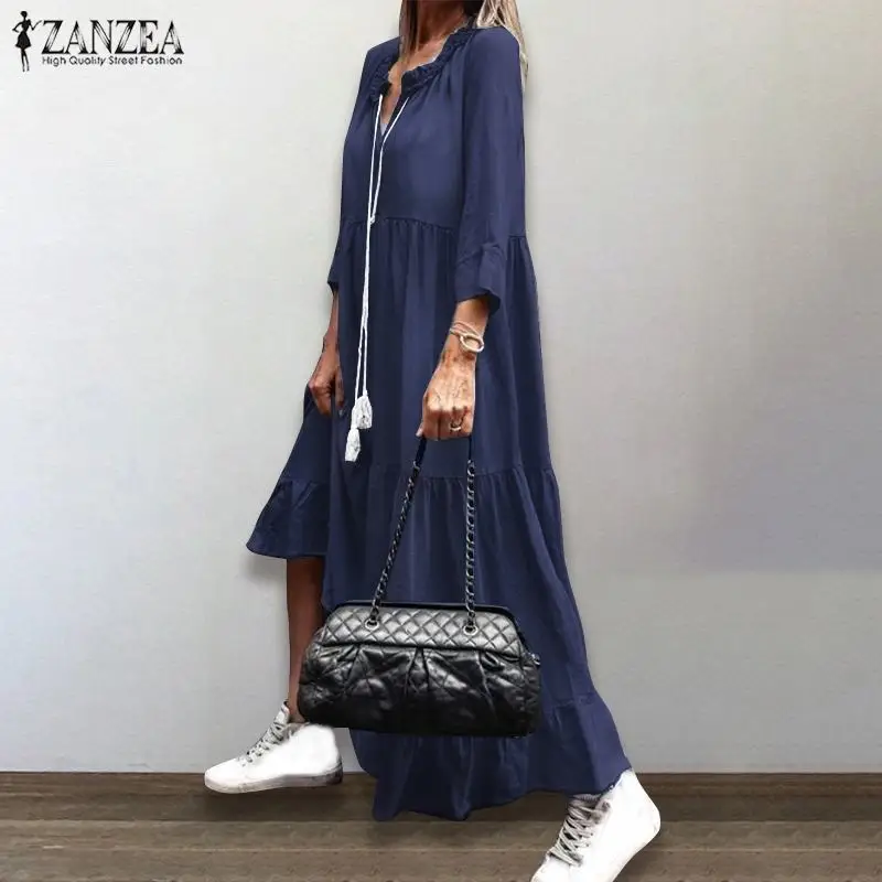 ZANZEA 2020 Casual Long Sleeve Maxi Vestidos Stylish Demin Blue Ruffle Dress Womens Autumn Sundress Female Solid Robe Oversized