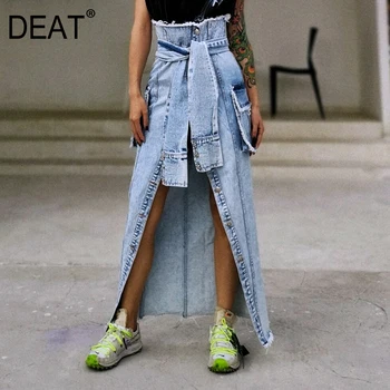 

DEAT 2020 New Summer Fashion Pockets High Waist Fake Sleeves Patchwork Hollow Out Strap Sexy Long Denim Skirt Women SB257