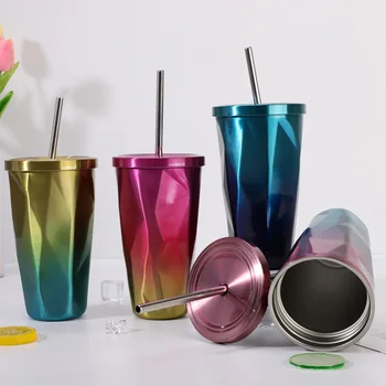 

Stainless Steel Glass Mug Creative Diamond Coffee Cup Insulation Gradient Color Mug with Straw Double Layer