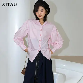 

XITAO Japanese Style Sakura Embroidery Shirt Long Sleeve Loose Vintage Lantern Sleeve Womens Tops and Blouses Fashion DMY4583