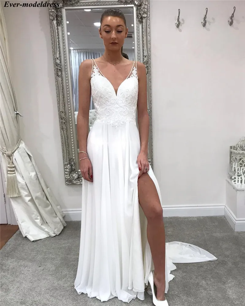 Boho Wedding Dresses Side Split Lace Appliques Chiffon Beach Bride Dress Bridal Gowns Vestido De Noiva Cheap