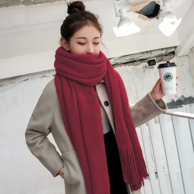 Новое поступление модный простой толстый длинный Дикий корейский Лоскутная шаль студенческий толстый теплый 14 цветов доступный шарф с кисточками - Цвет: Бургундия