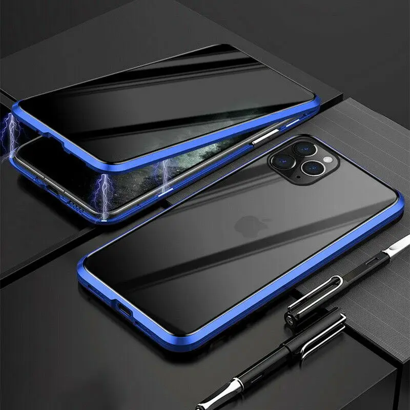 Для iPhone 11 Pro Max X XR XS MAX 7 8 6 6S Plus антишпионский стеклянный чехол с магнитной застежкой, металлическая передняя панель+ черная стеклянная крышка