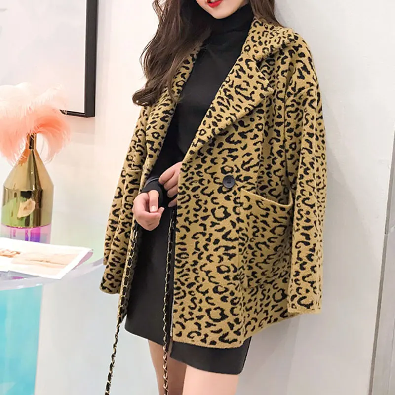 DISIAMAN plus size leopard coat faux fur jacket winter clothes women double-breasted knit chunky ladies sweaters long cardigan