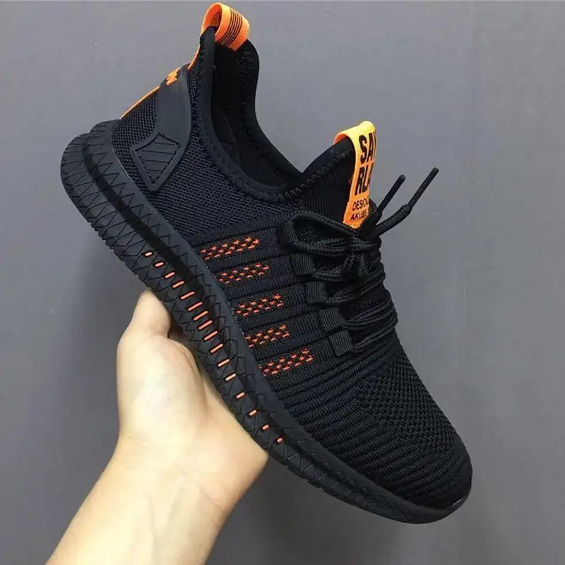 Black-orange Новинка; сетчатая мужская повседневная обувь; мужская обувь на шнуровке; легкие удобные дышащие Прогулочные кроссовки; tenis feminino Zapatos - Цвет: Black-orange