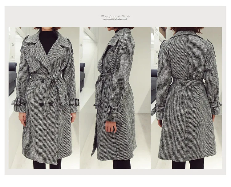 Женское двубортное пальто с поясом, длинное пальто из твидовой ткани в офисном стиле на осень и зиму