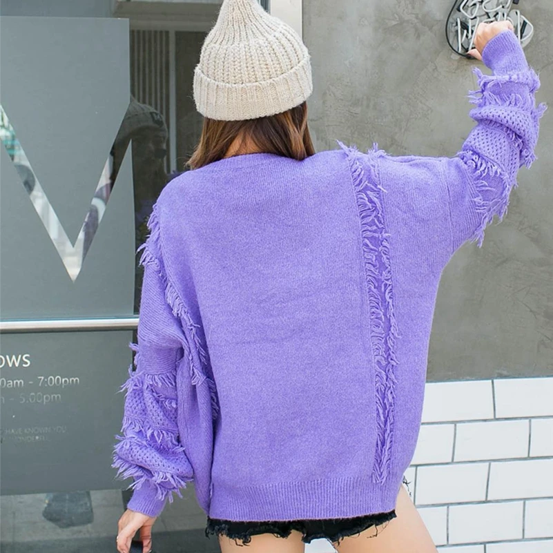 SexeMara Модный свободный патч кисточкой тонкий вязаный свитер