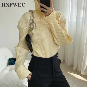 

New Autumn And Winte Fashion Casual Solid Color High Collar Long Sleeve Loose Slim Pleated Pullover Shirt Top Women V467