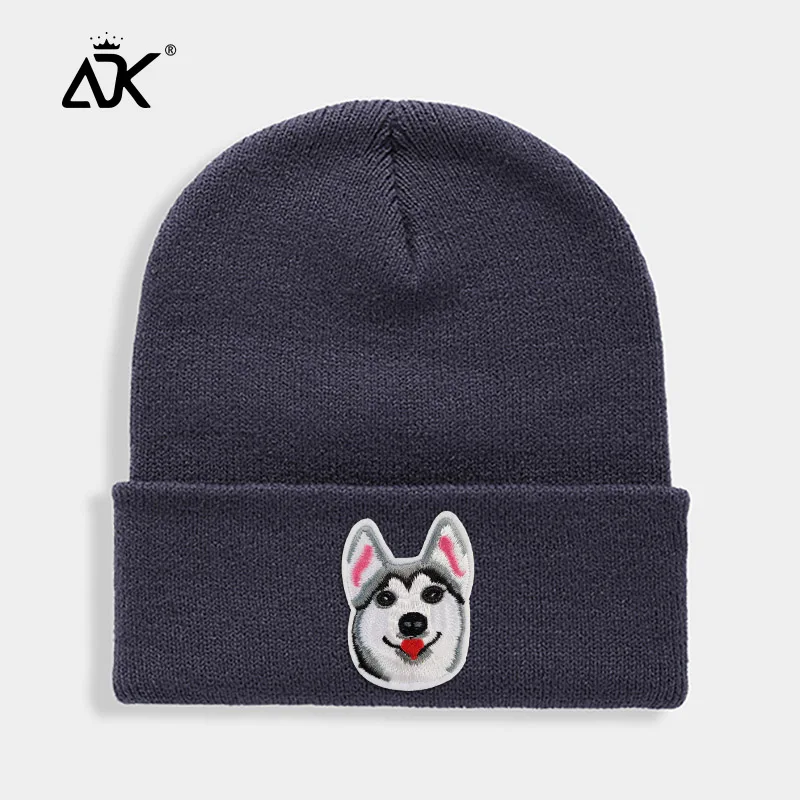 Huskies Hats Fashion Patches Sweet Beanie For Unisex Winter Brimless Stretchy Bonnet Solid Color Outdoor Cap Knitted Beanie