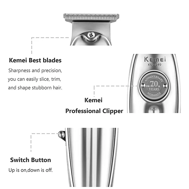 Kemei 1949 Professional Hair Clipper All Metal Men Electric Cordless Hair Trimmer 0mm Baldheaded T Blade Finish Haircut Machine 4
