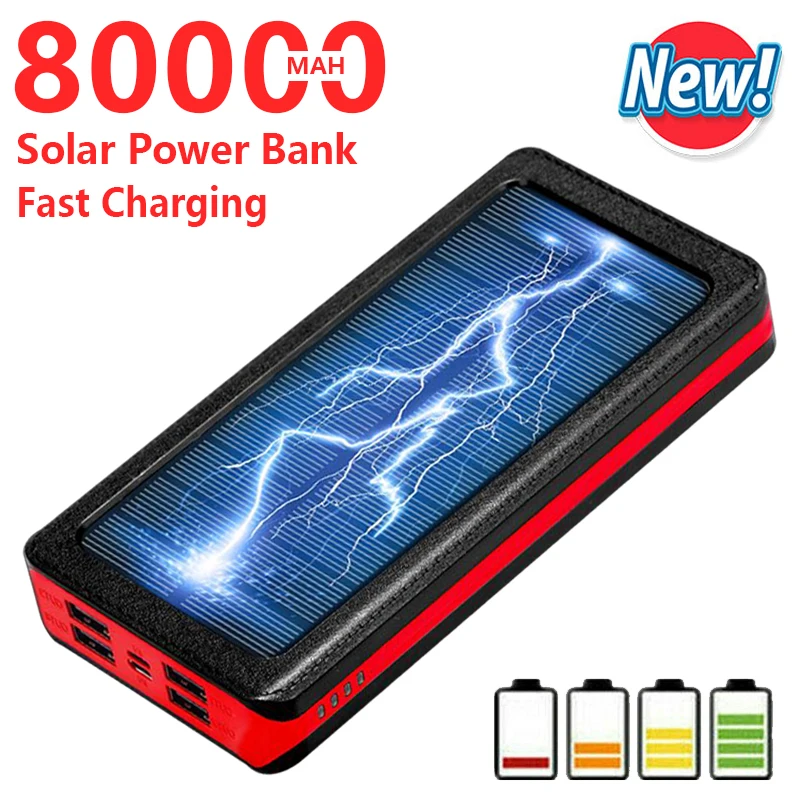 Banco de energía Solar de 80000mAh para teléfono, cargador rápido portátil con luz LED, 4 puertos USB, batería externa adecuada para Xiaomi, Iphone y Samsung