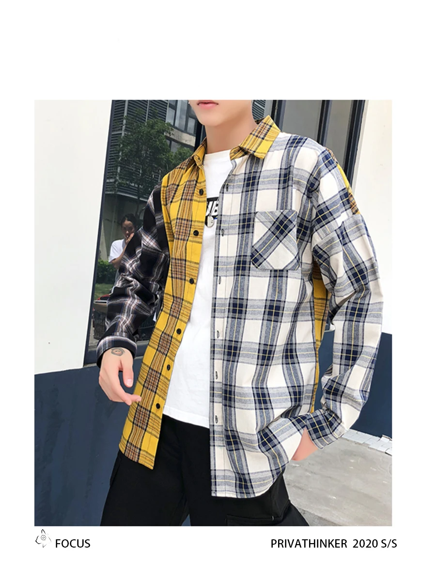 Korean Plaid Shirts For Men Fashion Patchwork Long Sleeve Casual Shirt Hip Hop Streetwear Man Blouse