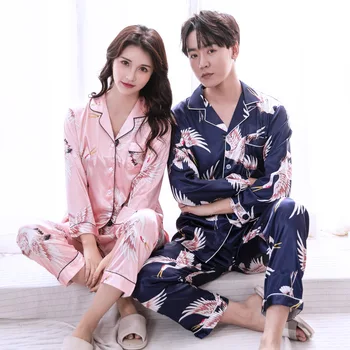 

Couple Pajamas Women's Thin Printing Home Imitation Silk Sexy Sleepwear for Men Nightwear Set Sleep Tops Bedroom Set Pijamas