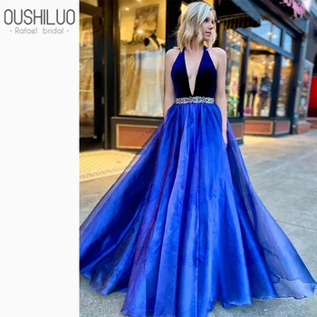 

Royal Blue Velvet Prom Dresses Backless Deep V Neck Puffy A Line Party Gown 2020 Elegant Pageant Dresses Open Back
