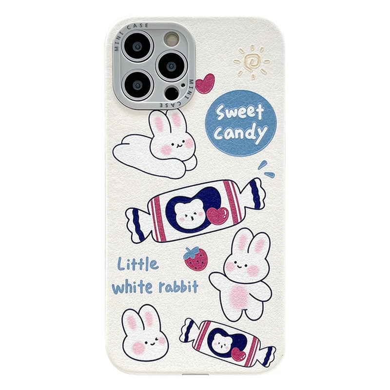 Candy Rabbits Case For iPhone 7 8plus 11 12 Pro Max iP X Xs Leather Cover With Cartoon Pattern Frame Fine Hole Shell | Мобильные