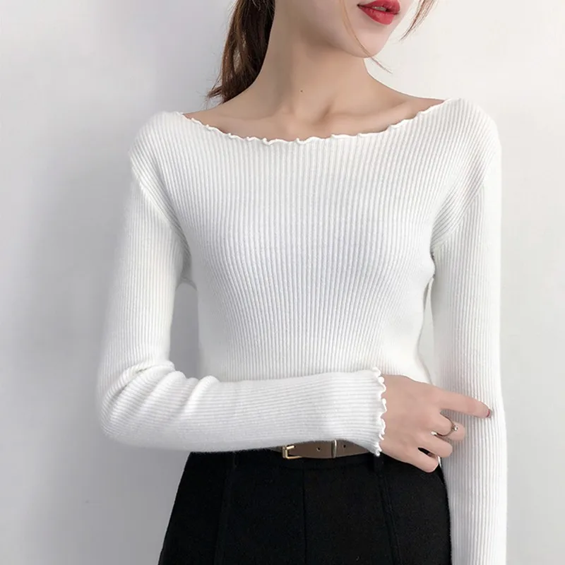 

White Sweater Women Fashion Sexy Slim Knit Sweater Pullover Female Casual Simple Solid Color Bottoming Top Sweaters