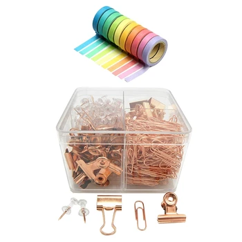 

10Pcs Decorative Rainbow Sticky Paper Masking Adhesive Tape & 1 Set Push Pins Binder Clips Paper Clips Map Tacks Sets