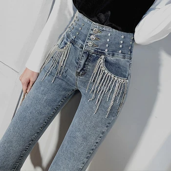 Jeans women tassel diamond pockets high waist slim elastic pencil 1