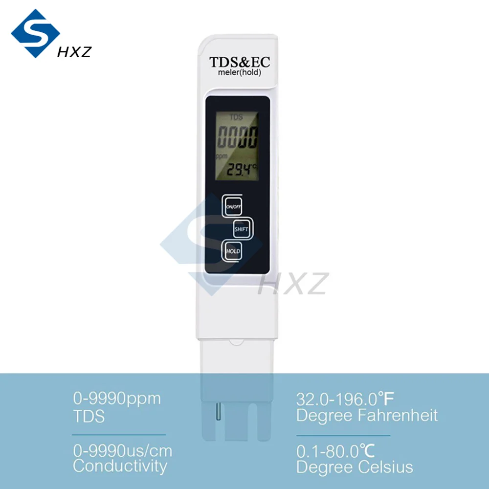 Water Quality Tester Digital Tool TDS&EC Temperature 0-9990 ppm Aquariums Pool Tester Hardness Meter TDS/EC Test Tool White Blue 4