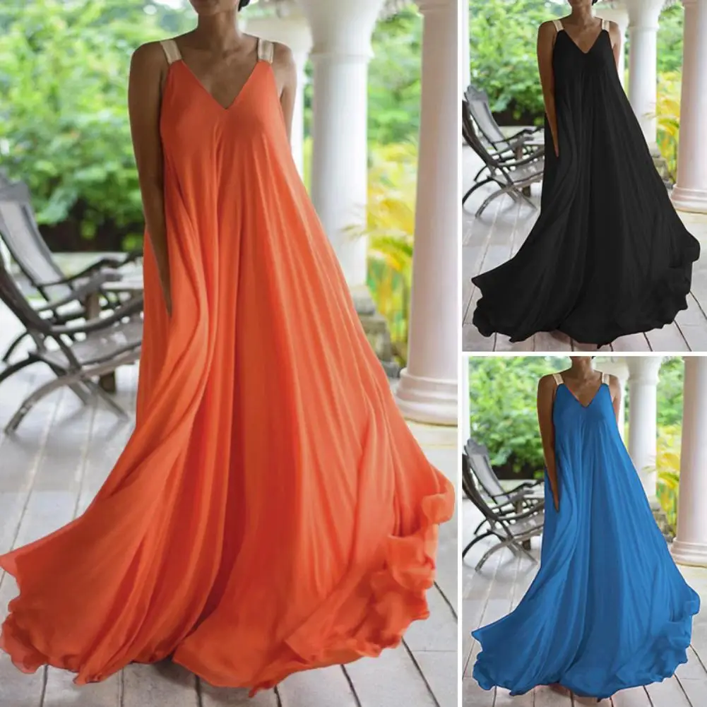 

Women Boho Sleeveless Deep V Neck Backless Large Hem Sling Full-length Dress