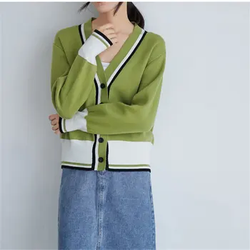 

HziriP Sweet Chic All-Match Color-Hit Cute Autumn V-Neck Patchwork Loose Cardigans Casual Knitted Office Lady Brief Sweaters