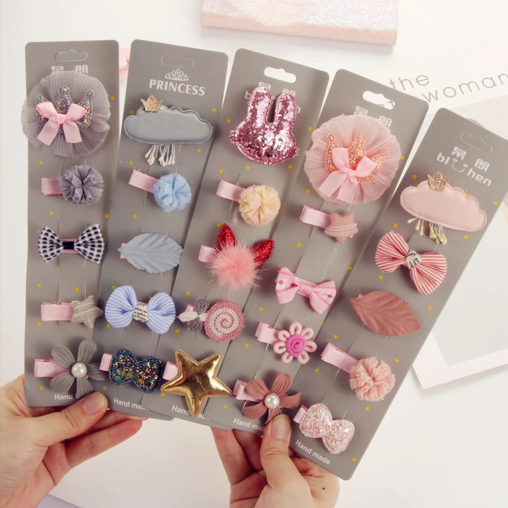1/5 unids/set flores Kawaii/nubes conjunto Clips de cabello para niñas bebé corona de dibujos animados arco estrellas horquillas niñas lindos accesorios para el cabello niños