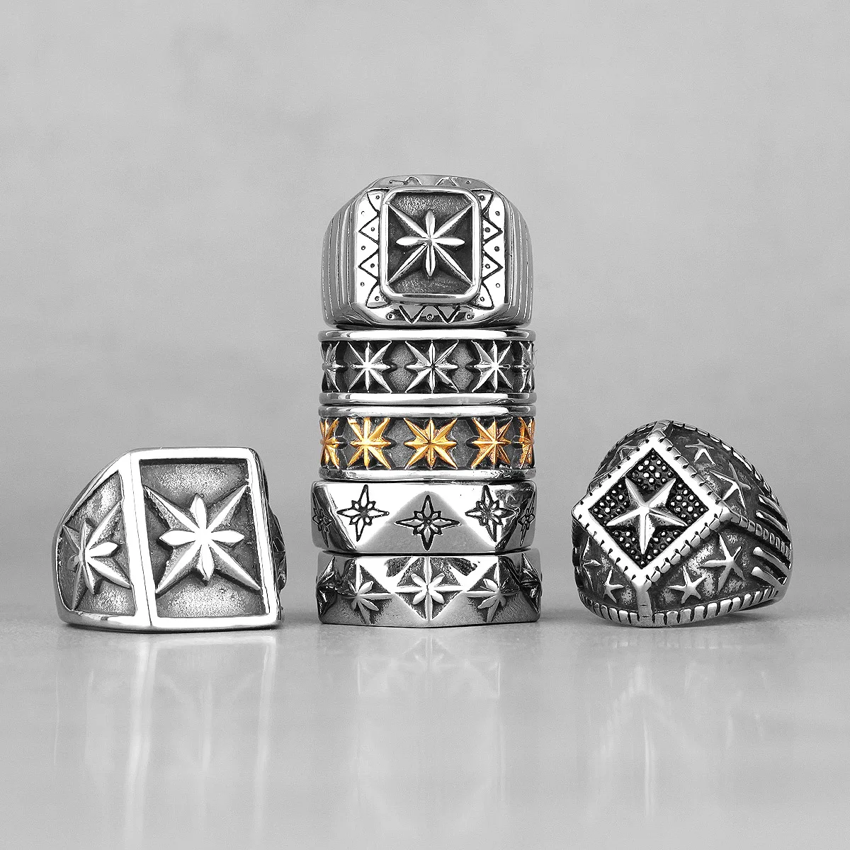 Polaris Star Flower Stainless Steel Mens Rings Simple Trendy