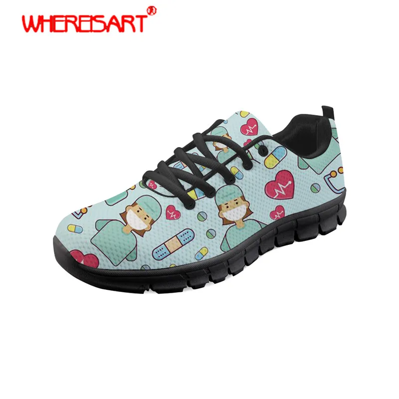 

WHEREISART Shoes Women Cartoon Nurse Printing Flat Shoes Ladies Round Toe Sneakers for Teenagers Lace-up Light Nurse Mesh Shoes