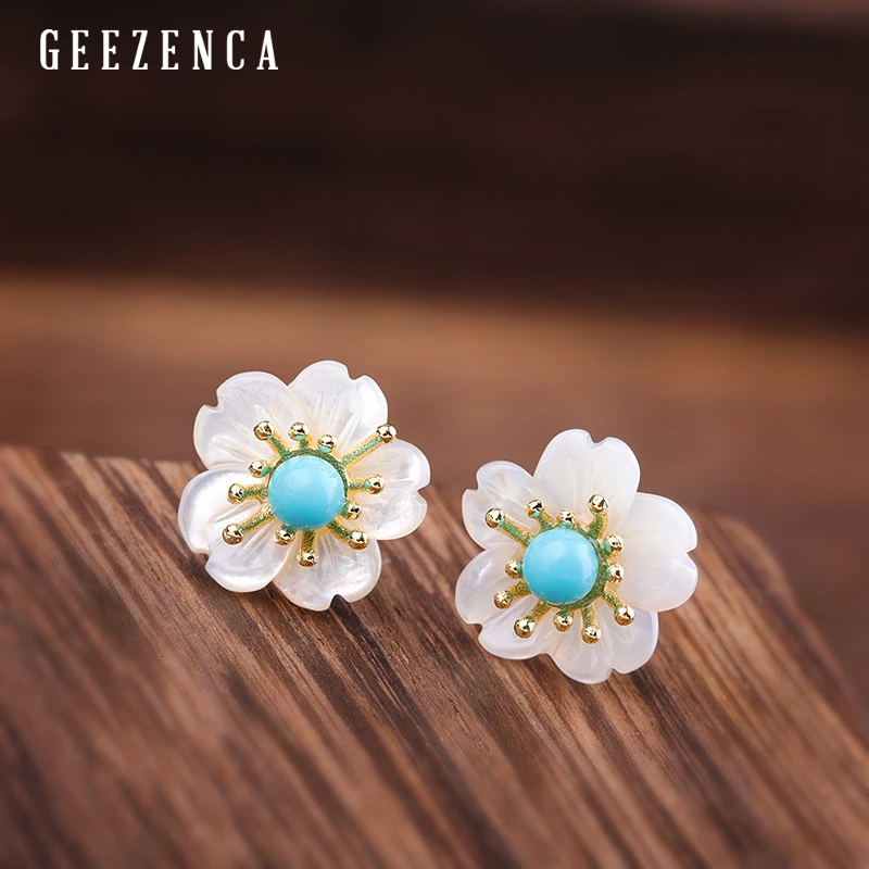 

925 Sterling Silver Gold Plated Gemstone Flower Stud Earring Turquoise Lapis Lazuli Red Agate Shell Plum Blossom Earrings Women