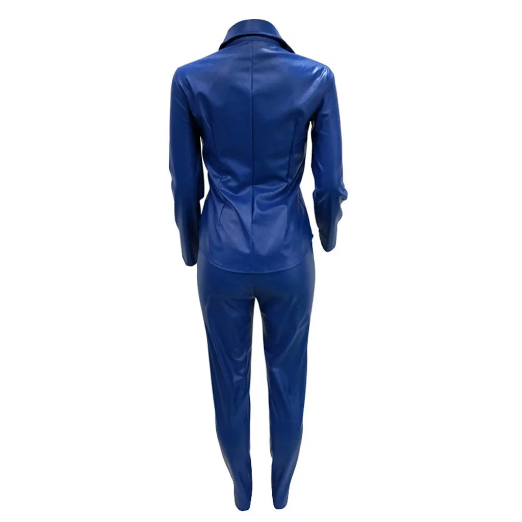 Комплект из двух предметов, топ и штаны, уличная одежда, обтягивающие женские кожаные комплекты из двух предметов с нагрудным карманом, куртка с длинным рукавом, топ и брюки-карандаш, набор#4