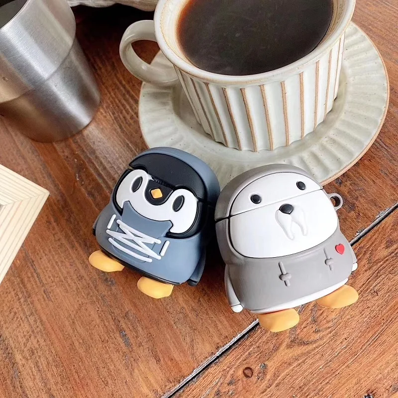 3D Smooth Silicone Cute Penguin/Sea Lion With Fashionable Fleece Earphone Case For Airpods1/2Pro Buy One Get Anti-lost Ring Free |