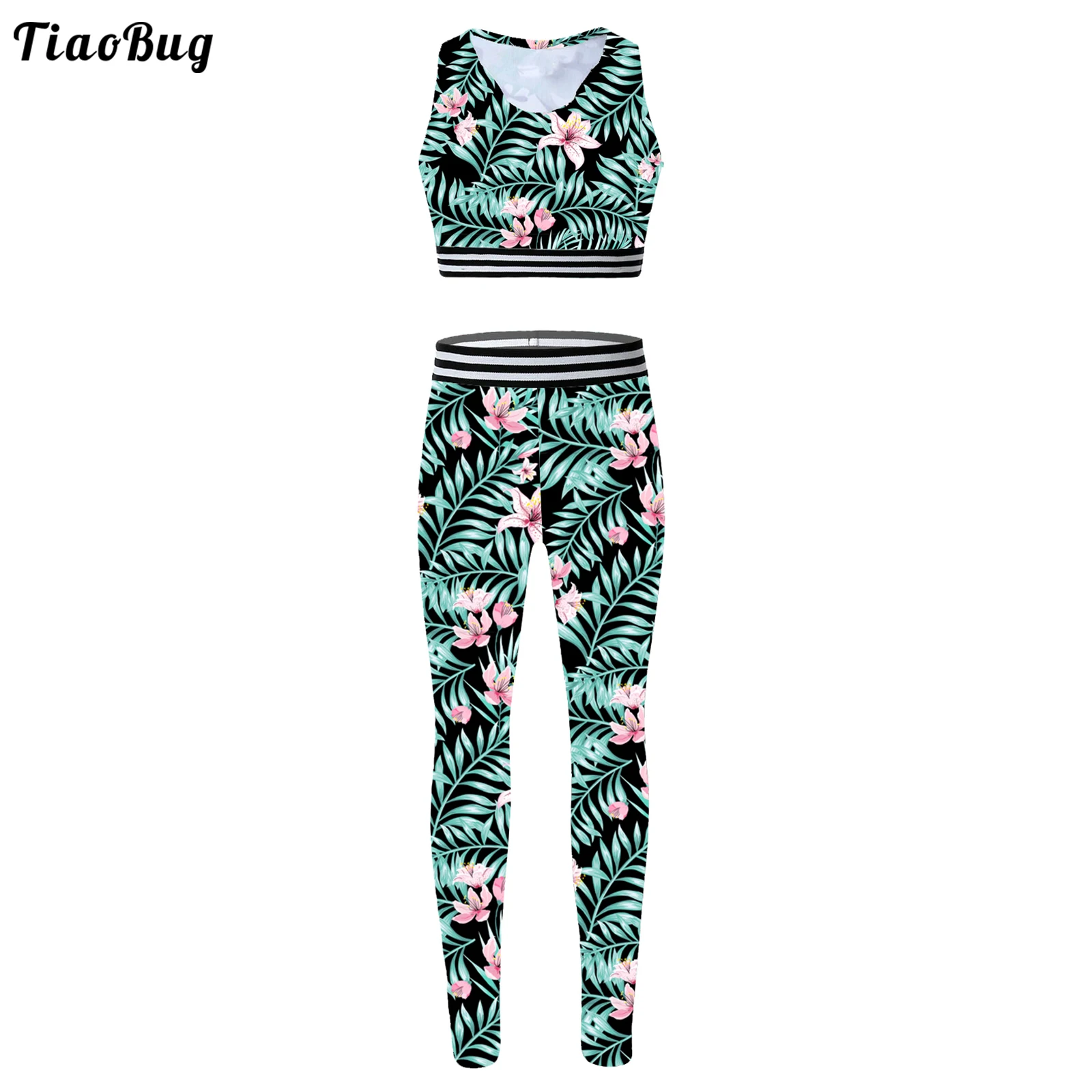 

TiaoBug Summer Kids Girls Tracksuit Outfit Sleeveless Camouflage Printed Tanks Bra Tops Crop Top With Leggings For Sport Dance