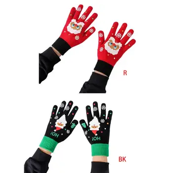 

Womens Winter Knit Touchscreen Gloves Christmas Cartoon Santa Print Snow Mittens 24BC