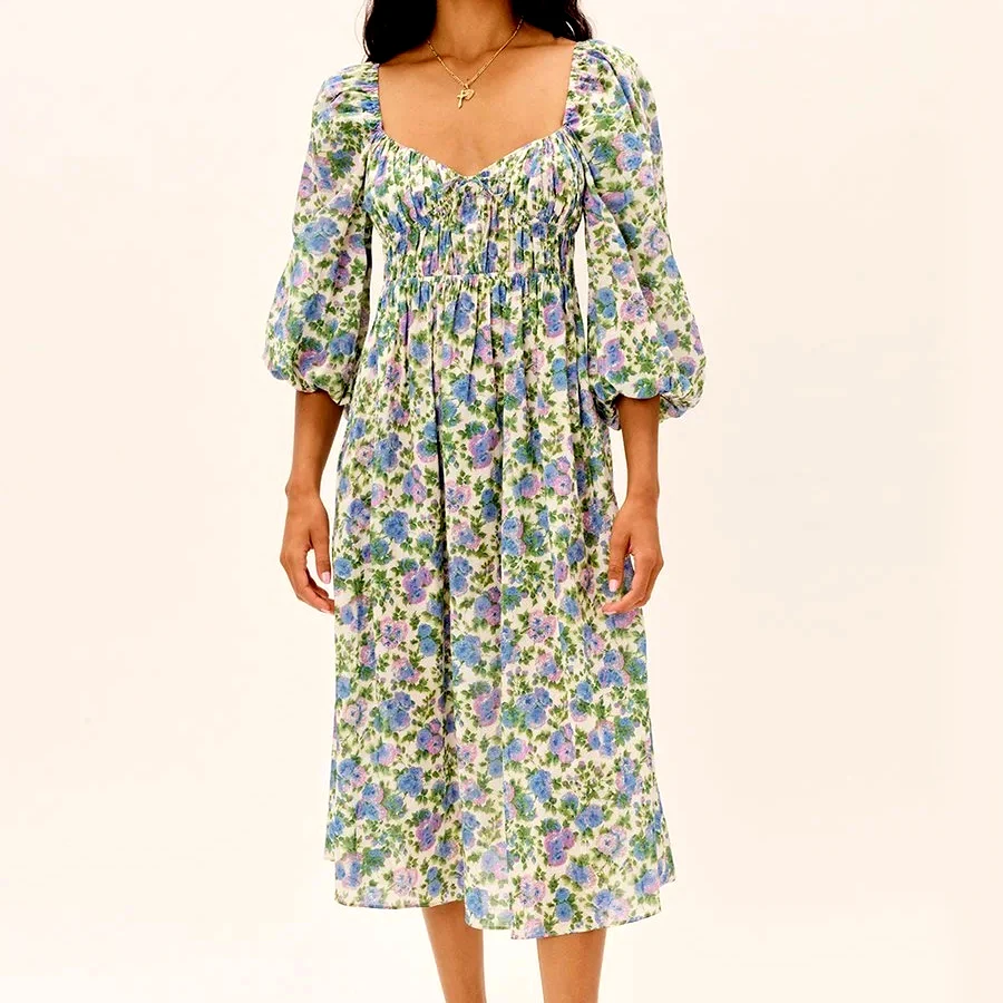 

GypsyLady Floral Printed Midi Dress Vintage Summer Dresses Women Backless Lantern Sleeve Ladies Holiday Ladies Female Dresses