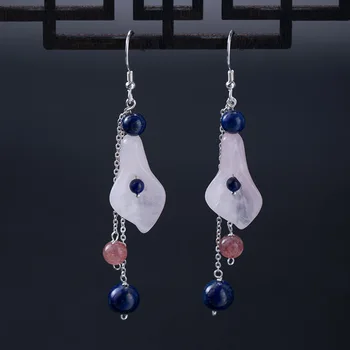 

Real 925 Sterling Silver Common Callalily Drop Earrings For Women With Natural Rose Qartz Vintage Fine Jewelry Bijoux Femme