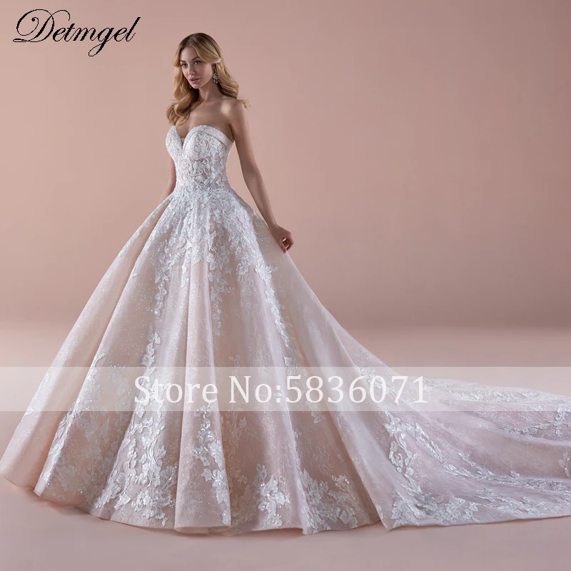 Detmgel New Sexy Strapless Lace Up Beaded Bride A-Line Wedding Dresses 2022 Gorgeous Appliques Chapel Train Princess Bridal Gown plus size wedding dresses