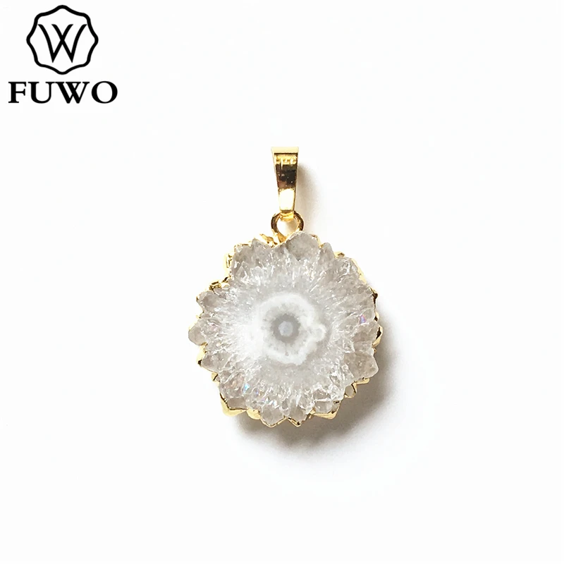 

FUWO Natural White Crystal Flower Pendant With Gold Trimmed Irregular Crystal Quartz Pendant For Necklace Making PD262